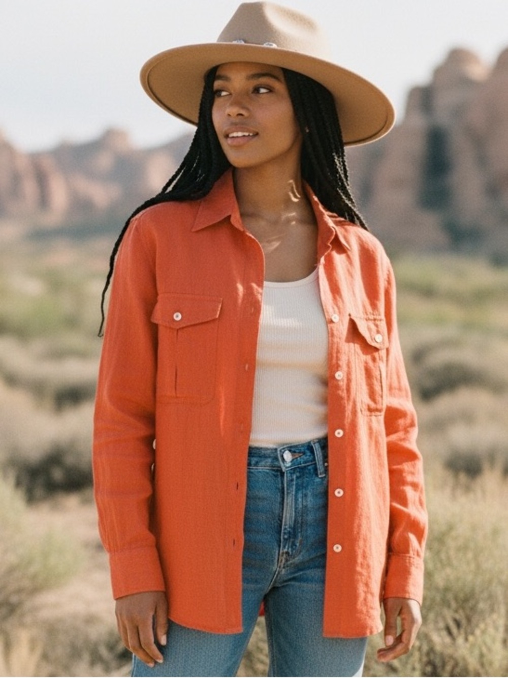 70s LIZ CLAIBORNE LINEN ORANGE SAFARI BLOUSE CASUAL LAGENLOOK WESTERN VIBE SZ S